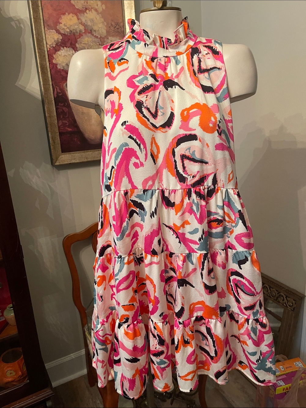 TCEC White Tiered Halter Dress with Pink, Orange, Black & Blue Abstract Print